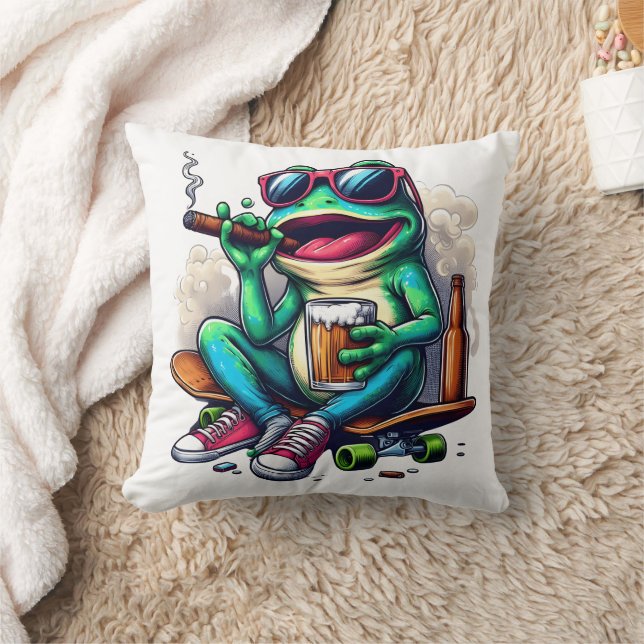 Frosch feiern auf einem Skateboard mit Getränken! Kissen (Decke)