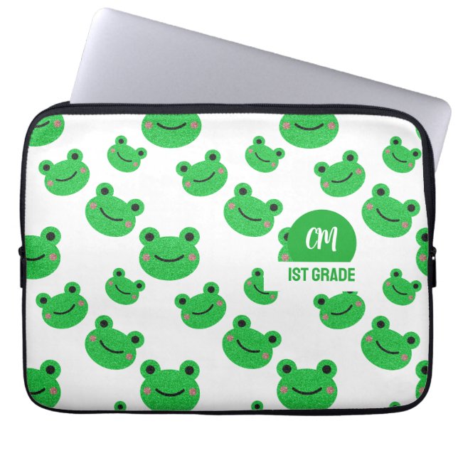 Frosch Glückliches Gesicht Muster Grün Monogramm S Laptopschutzhülle (Vorderseite)