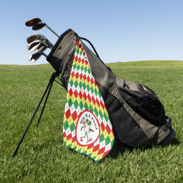 Frosch Golfing Grip It and Ribbit Green Red Raute Golfhandtuch (Gras)