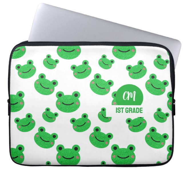 Frosch Happy Face Pattern Green Monogram School Laptopschutzhülle (Vorderseite)