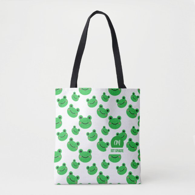Frosch Happy Face Pattern Green Monogram School Tasche (Vorderseite)