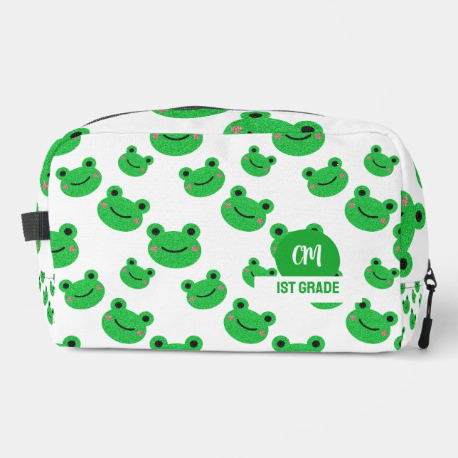 Frosch Happy Face Pattern Green Monogram School Waschbeutel (Vorderseite)