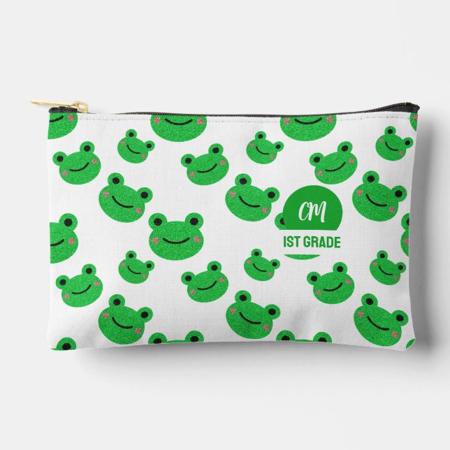 Frosch Happy Face Pattern Green Monogram School Zubehörtasche (Vorderseite)