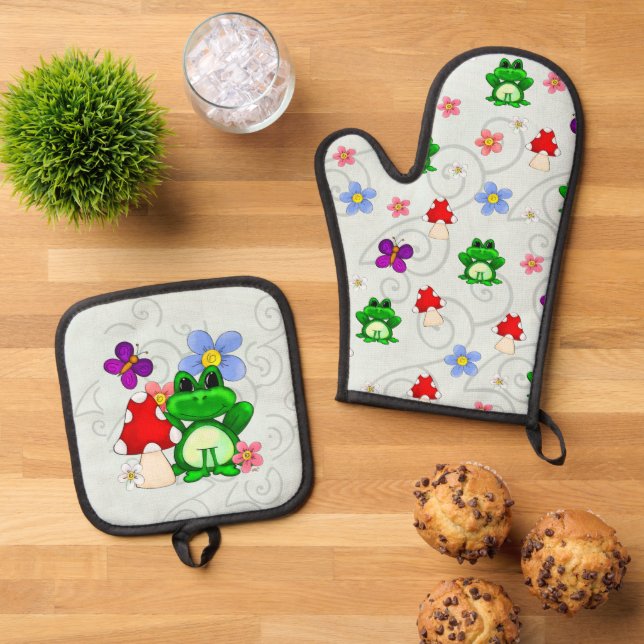 Frosch im Frühling Ofenhandschuh & Topflappen-Set (Oben Unten)