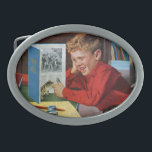 Frosch in der Bibliothek Ovale Gürtelschnalle<br><div class="desc">Künstler: Junge Richard Sargent | in der Bibliothek,  Frosch versteckt im Geschichtsbuch</div>