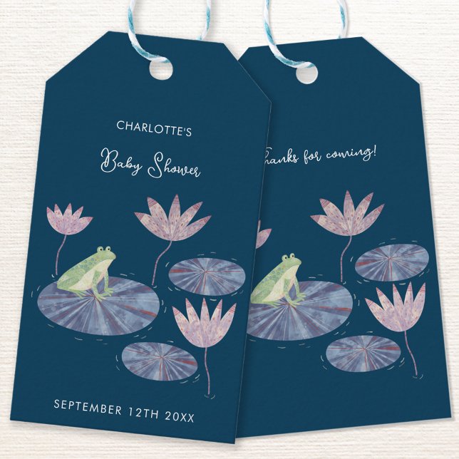 Frosch in einem Lilienteich Niedliche Babydusche D Geschenkanhänger (Fun frog baby shower thank you gift or favor tag with custom personalized text)