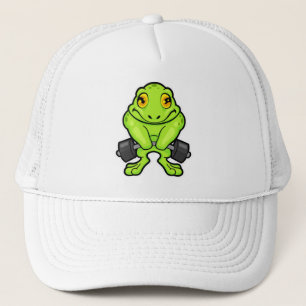 Frosch in Fitness mit Barbell Truckerkappe