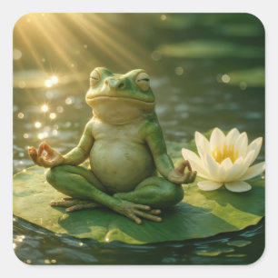 Frosch in Meditation auf einem Seerosenblatt Quadratischer Aufkleber