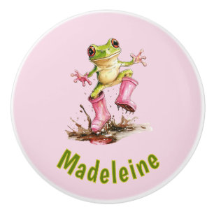 Frosch in rosa Regenstiefeln Monogramm Pastell Kin Keramikknauf