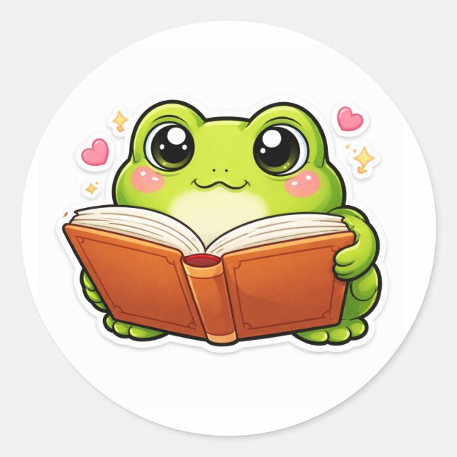 Frosch liest ein Buch Runder Aufkleber (Vorderseite)