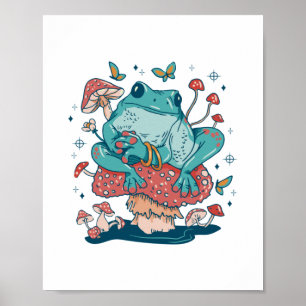 Frosch Lounges auf einem Pilzkern-Hütte Poster