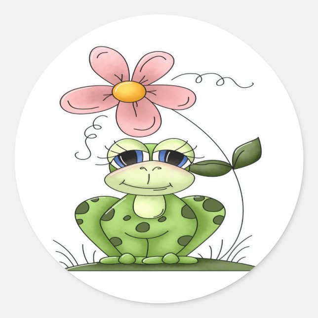 Frosch mit Blume Runder Aufkleber (Vorderseite)