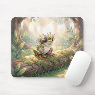 Frosch mit Blumenkrone im Wald Mousepad