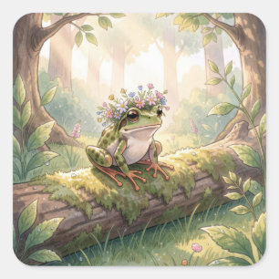 Frosch mit Blumenkrone im Wald Quadratischer Aufkleber
