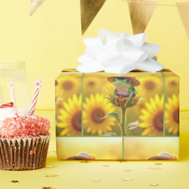Frosch mit einem Strohhut auf einem Sonnenblumenkn Geschenkpapier (Geburtstagsparty)