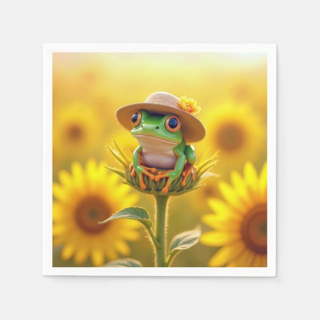 Frosch mit einem Strohhut auf einem Sonnenblumenkn Serviette (Vorderseite)
