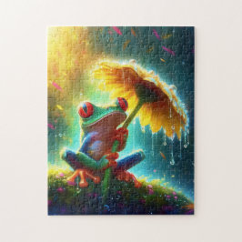 Frosch mit gelbem Daisy-Regenschirm im Regen