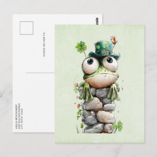 Frosch mit grünem Hut und Kleeblatt Niedlich Postkarte