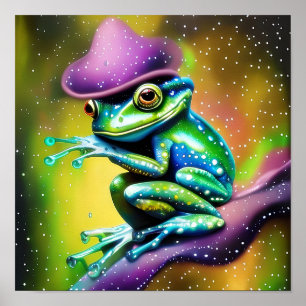 Frosch mit Hut im Regen Poster