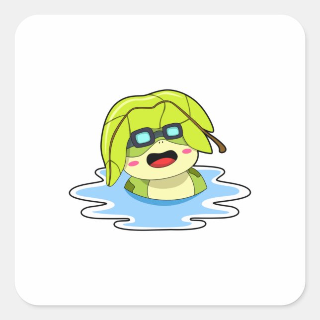 Frosch mit Leaf beim Schwimmen Quadratischer Aufkleber (Vorderseite)