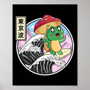 Frosch mit Pilz surft auf japanischer Welle Kawaii Poster