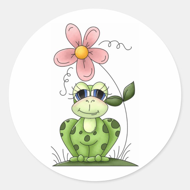 Frosch mit rosa Blume Runder Aufkleber (Vorderseite)