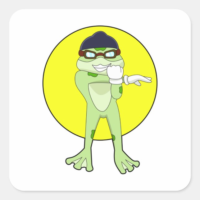 Frosch mit Schwimmbrille Quadratischer Aufkleber (Vorderseite)