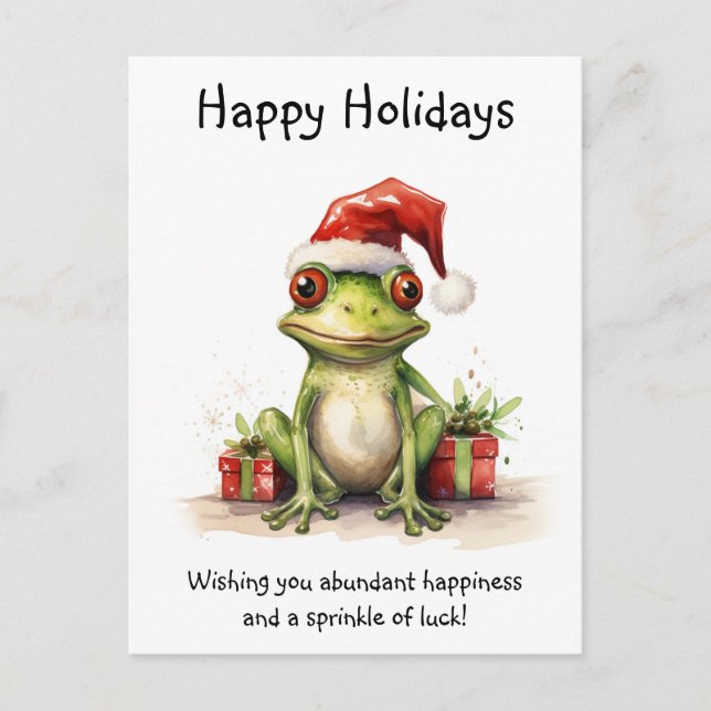Frosch mit Weihnachtsmannmütze verpackte Geschenke Postkarte (Vorderseite)