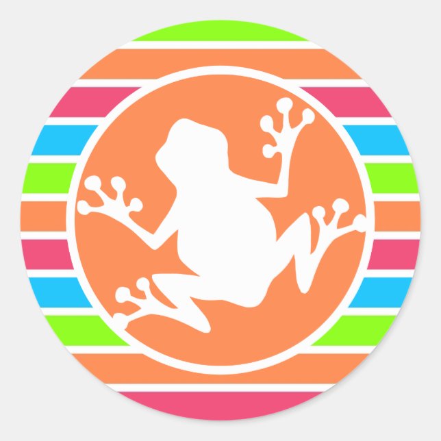 Frosch; Neon Orange Pink Blue Green Streifen Runder Aufkleber (Vorderseite)
