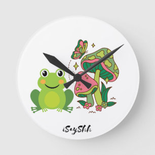 Frosch, Schmetterling und Pilze Runde Wanduhr