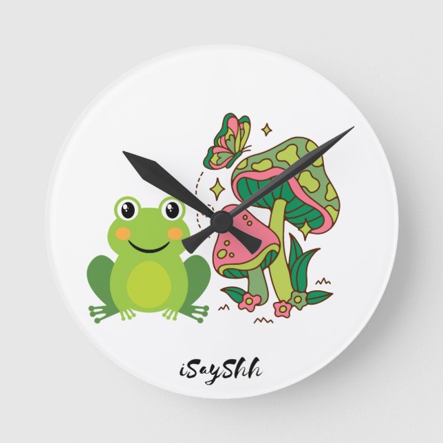 Frosch, Schmetterling und Pilze Runde Wanduhr (Vorderseite)