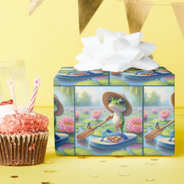 Frosch schwimmend auf einem Dreh-Dreh Geschenkpapier (Geburtstagsparty)