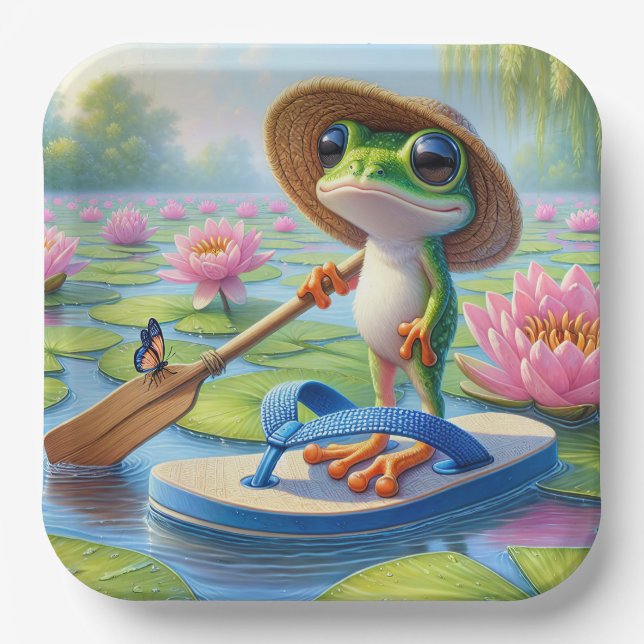 Frosch schwimmend auf einem Dreh-Dreh Pappteller (Vorderseite)