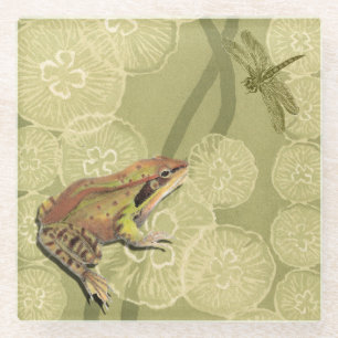 Frosch und Libelle auf Wasser-Lilien Glasuntersetzer