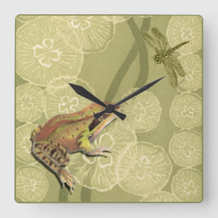 Frosch und Libelle auf Wasser-Lilien Quadratische Wanduhr