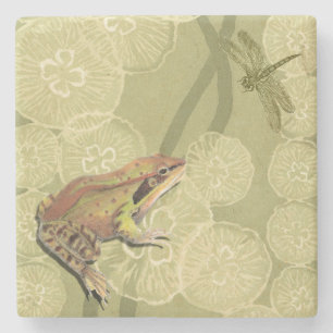 Frosch und Libelle auf Wasser-Lilien Steinuntersetzer