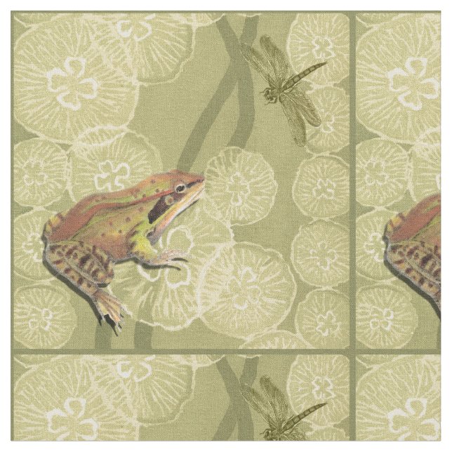Frosch und Libelle auf Wasser-Lilien Stoff (Nahaufnahme)