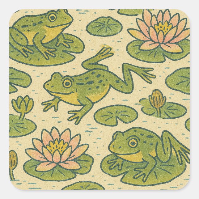 Frosch und Lili Pads Wasserlilien Frösche Quadratischer Aufkleber (Vorderseite)