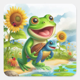 Frosch und Meeresschildkröten Quadratischer Aufkleber
