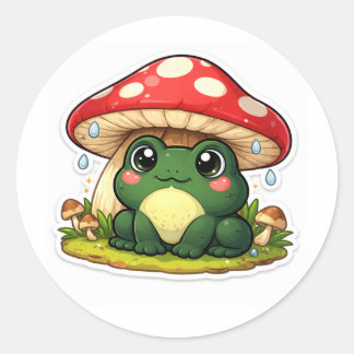 Frosch unter einem übergroßen Pilz Runder Aufkleber