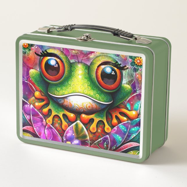 Frosch Whimsical Abstrakte Malerei Kunst Blumengrü Metall Brotdose (Vorderseite)