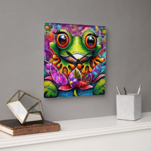 Frosch Whimsical Abstrakte Malerei Kunst Blumengrü Quadratische Wanduhr