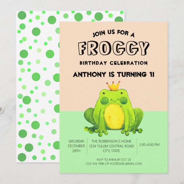 Froschbaby 1. Geburtstag grüne Konfetti personalis Einladung (Vorne/Hinten)