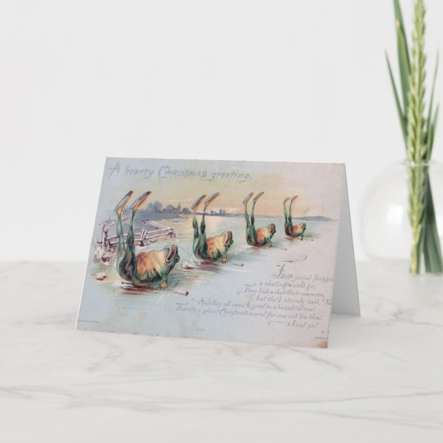 Frosche auf Eisweihnachtsweih Vintag Postkarte (Vorderseite)