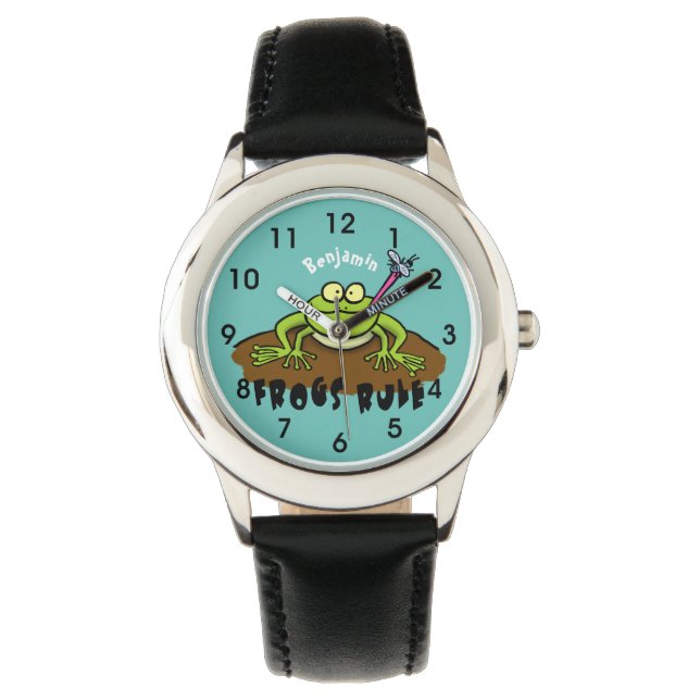 Frösche herrschen lustig-grüner Frosch-Cartoon Armbanduhr (Vorderseite)