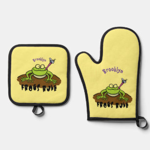 Frösche herrschen lustig-grüner Frosch-Cartoon Ofenhandschuh & Topflappen-Set