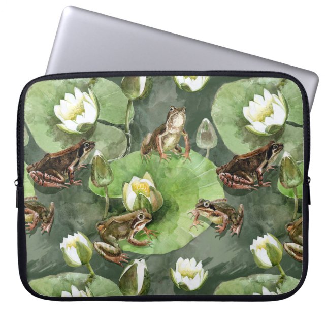 Frösche, Lilien, grün und weiß Laptopschutzhülle (Vorderseite)