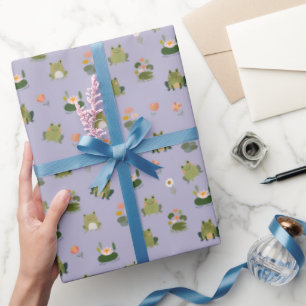 Frösche & Seerosenblätter auf hellgrau-lila Geschenkpapier