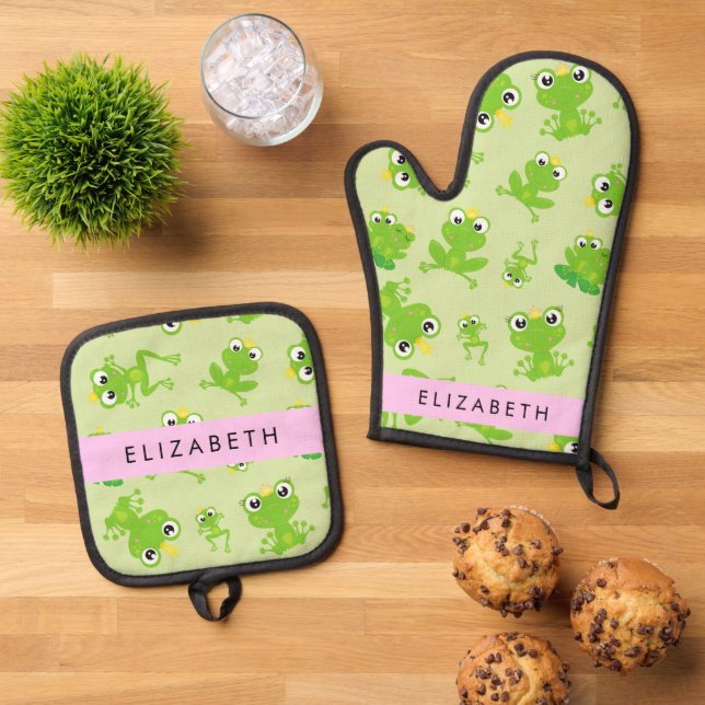 Froschmuster, grüne Frösche, Froschprinz, Ihr Name Ofenhandschuh & Topflappen-Set (Oben Unten)