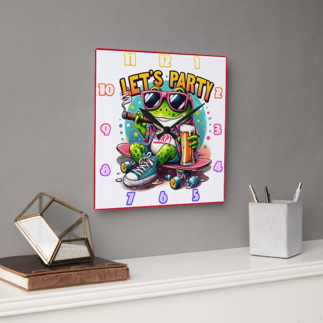 Froschskateboarder zum Feiern bereit Quadratische Wanduhr (Büro)